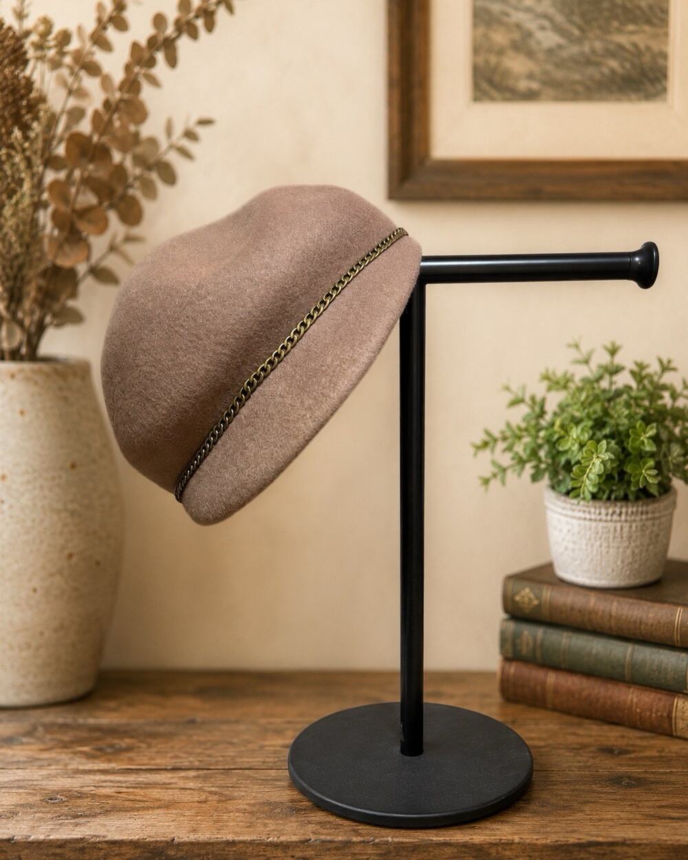 🧢 A New Day Wool Beret Hat Taupe Chain Detail One Size Chic Women’s